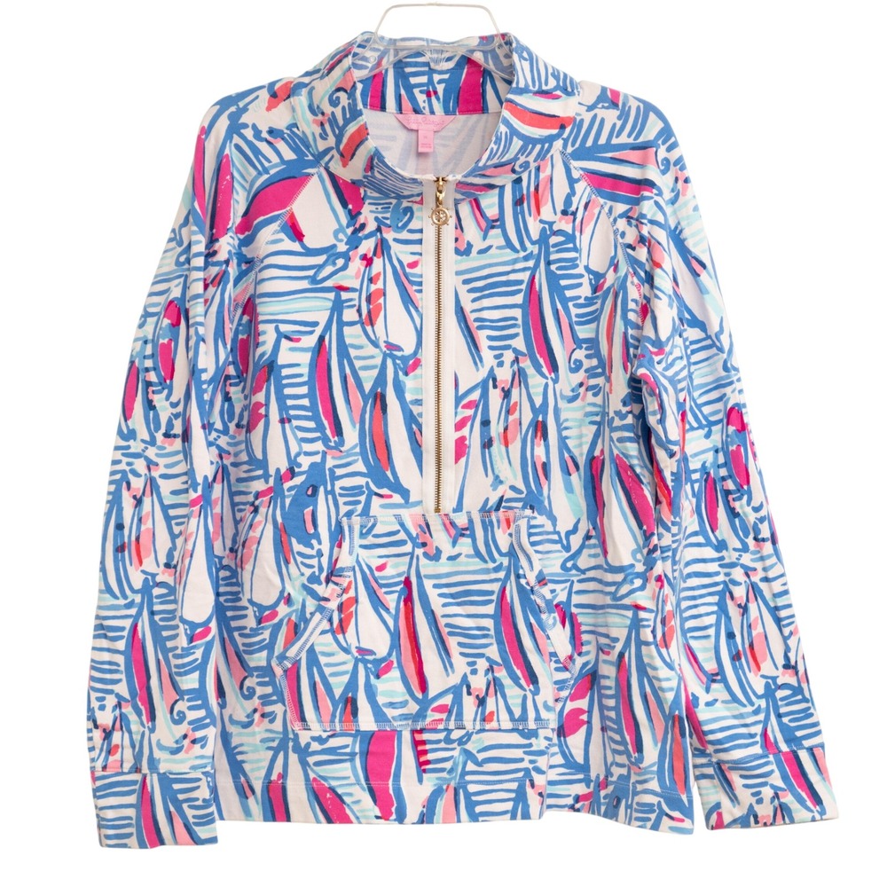 Lilly Pulitzer XL Half Zip Pullover Nautical Sailboat Print Beachy Athleisure